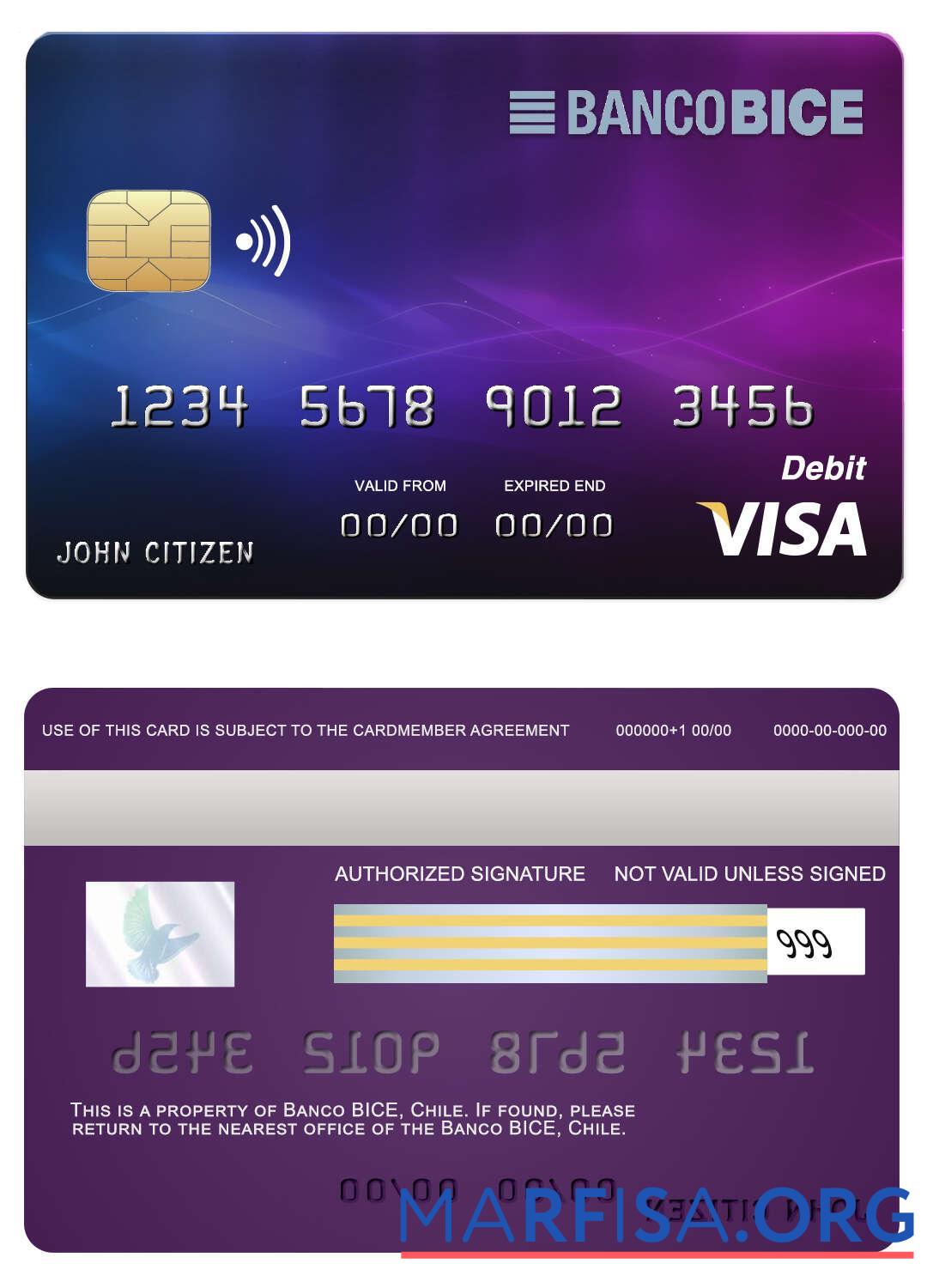 Printable Chile BICE bank visa card real example